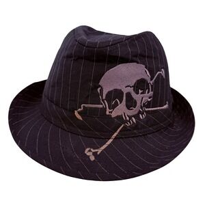 Virtis Mens Black Pinstripe Skull Fedora Hat Red Splatter Lining L/XL